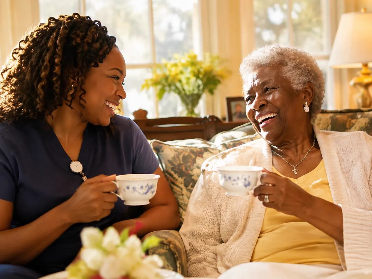 Caregiver and senior woman laughing together over tea in a sunlit living room
