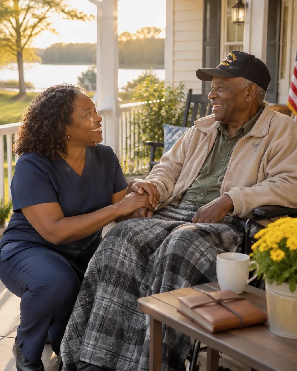 Caregiver holding the hand of a senior veteran on a sunlit porch