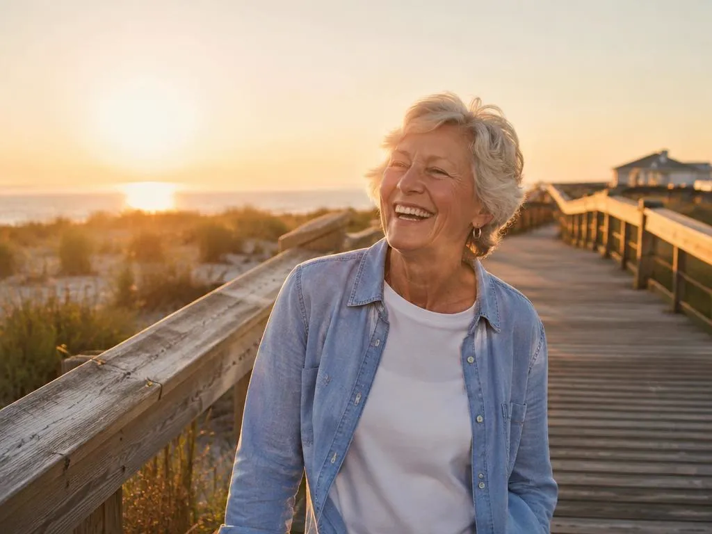 Senior woman laughing on a beach boardwalk at sunset