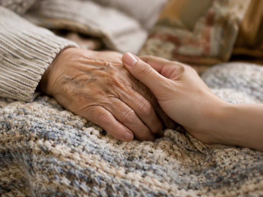 Caregiver's hand holding an older hand over a knitted blanket