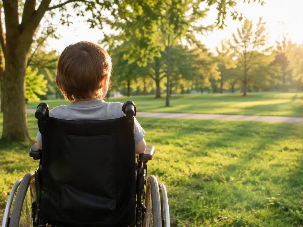 Child in a wheelchair seen from behind at a sunny park