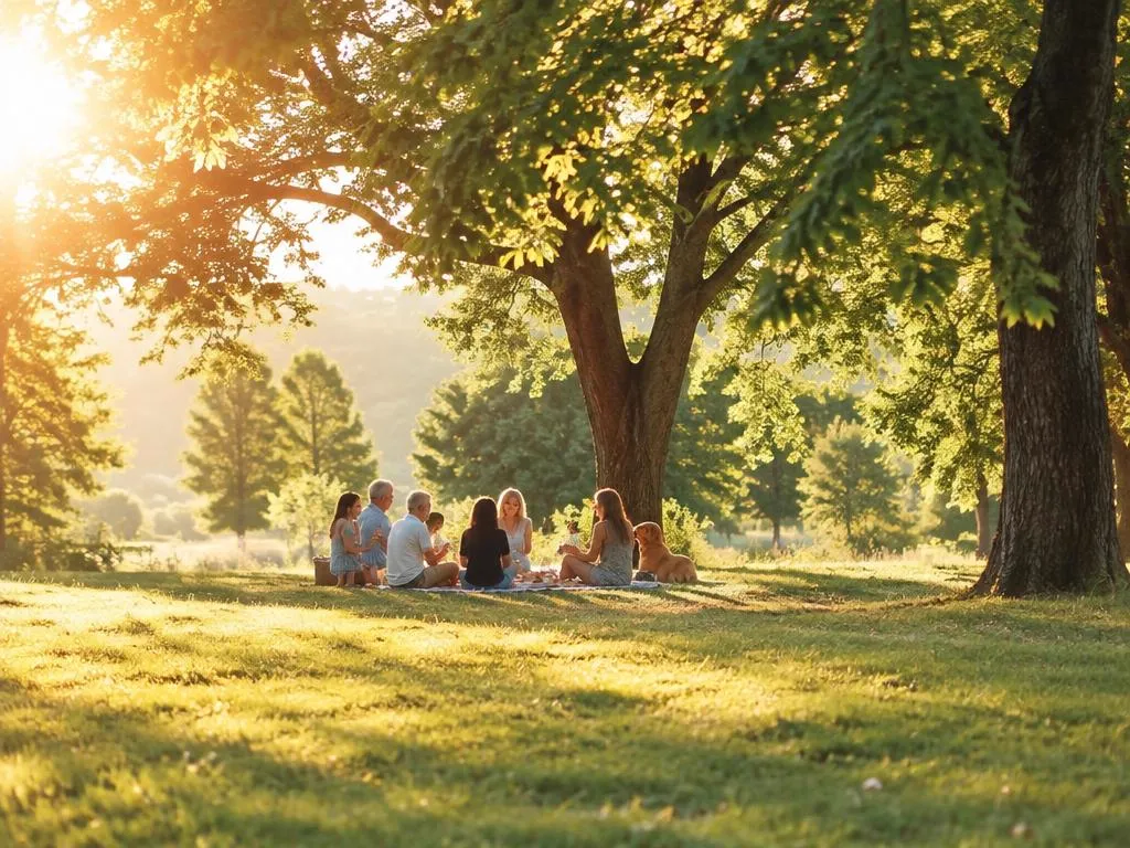 Family picnic under large trees in golden light
