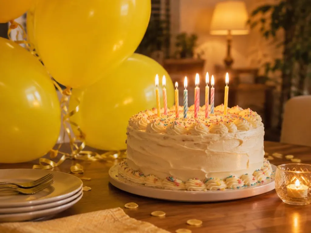 Birthday cake with lit candles and yellow balloons