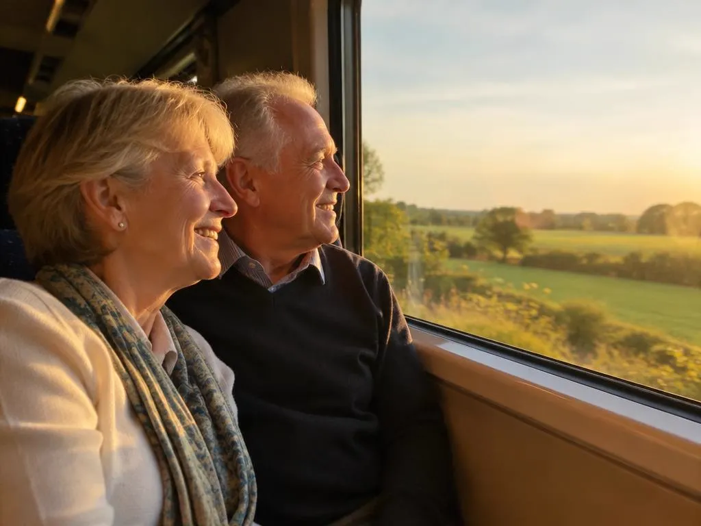 Senior couple looking out a train window at the countryside