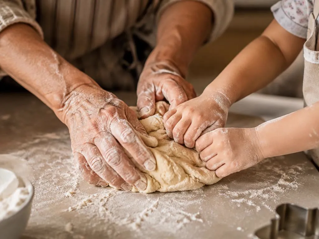 Grandmother's and child's hands kneading dough together