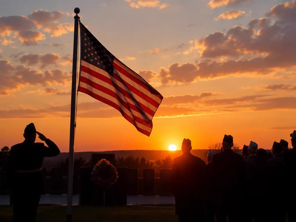 Flag at a veterans' ceremony at sunset