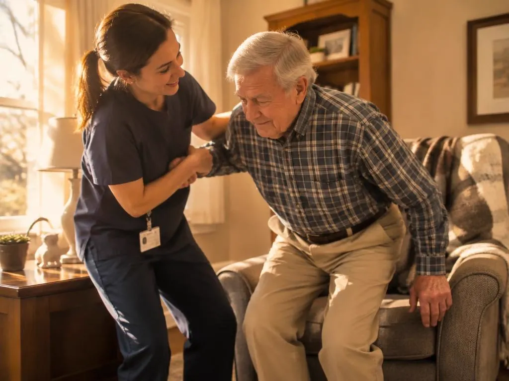 Caregiver gently helping a senior man stand from an armchair at home
