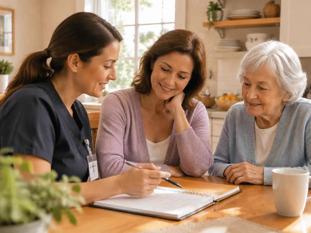 Caregiver reviewing a notebook with an adult daughter and her elderly mother