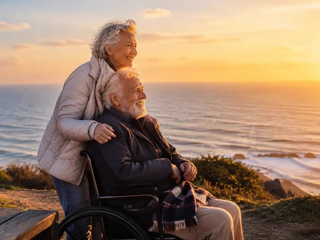 Senior couple, one in a wheelchair, at a coastal overlook at golden hour