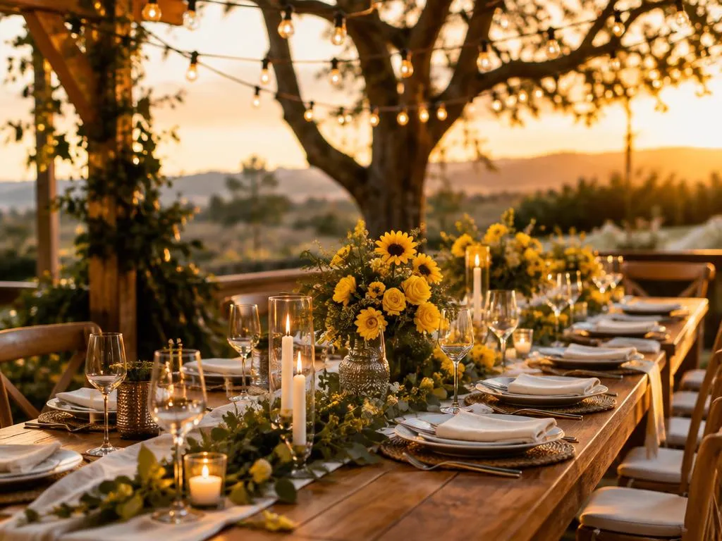 Elegant family celebration table with string lights and yellow flowers