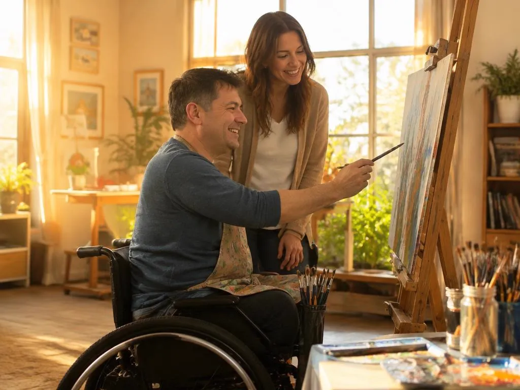 Adult in a wheelchair painting at an easel with a caregiver beside