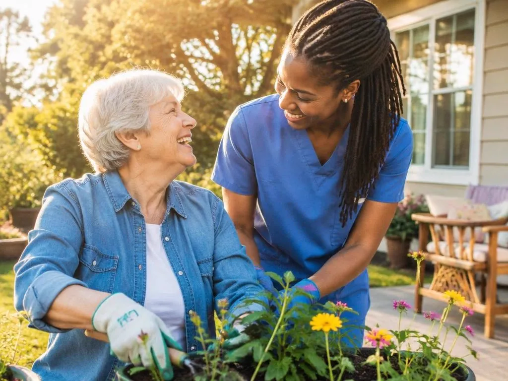 Senior woman gardening with a caregiver