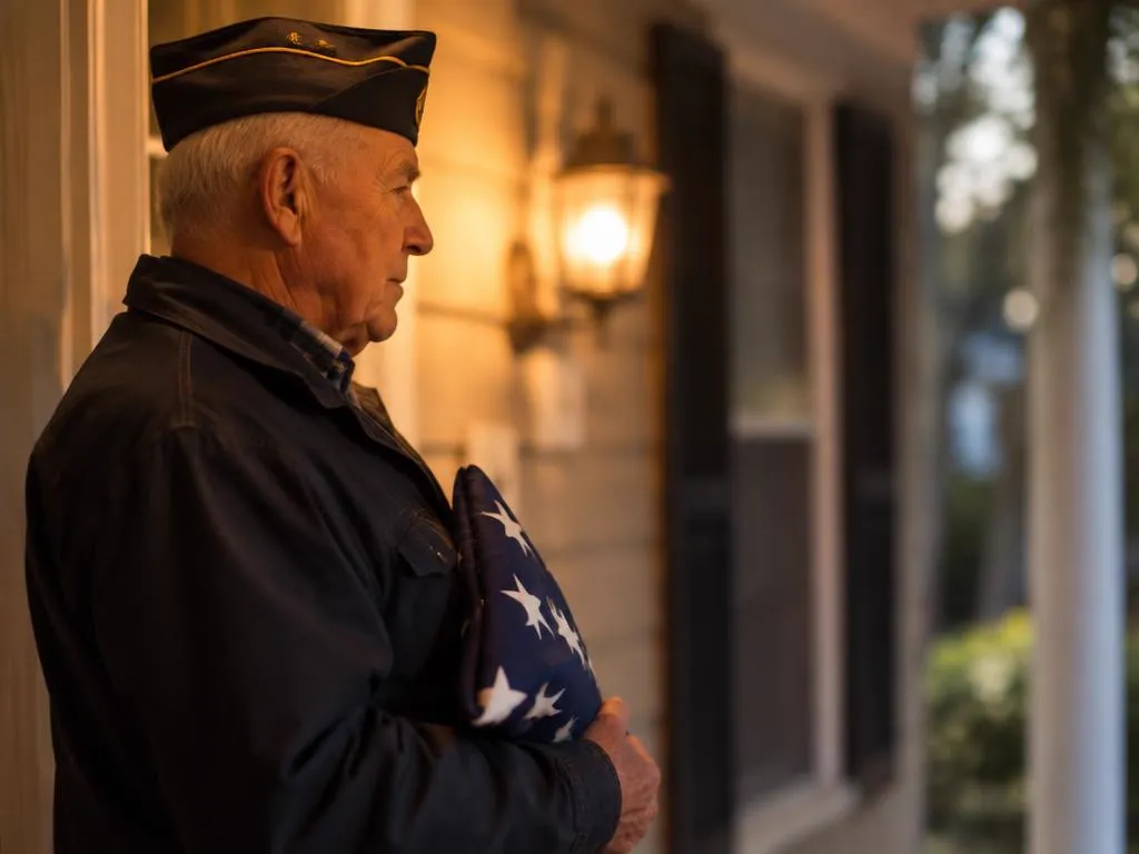 Elderly veteran in a cap holding a folded flag on a porch