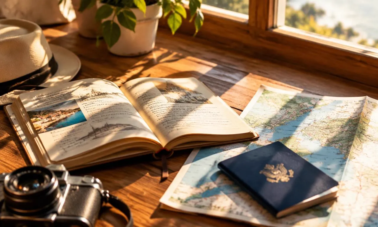 Open travel journal, map and passport on a sunny table